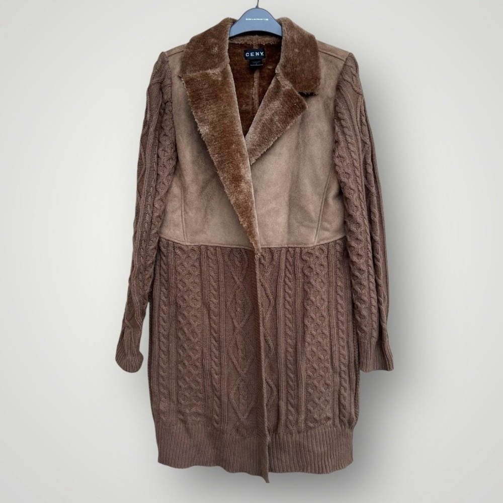 CENY suede cable knit faux fur long sweater coat